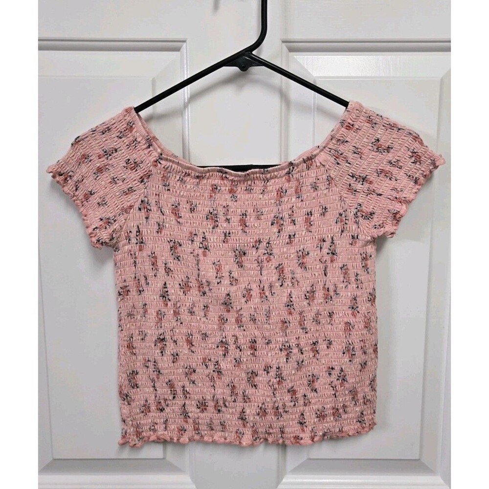 Eyeshadow Girls Size Large 14 Peach Floral Top Frill Shirred Blouse Short Sleeve